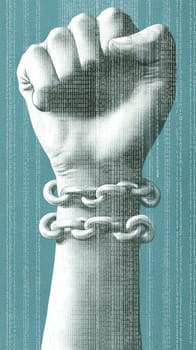 Powerful illustration depicting a clenched fist bound by a chain, symbolizing the struggle against digital censorship and surveillance