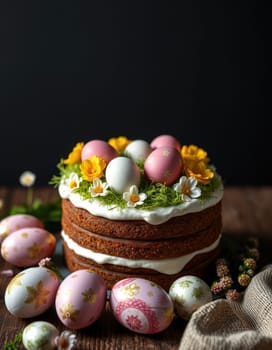 A beautifully decorated cake is topped with pastel-colored eggs and fresh flowers, set on a rustic wooden table. Easter vibes are captured with vibrant decorations.