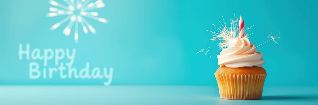 A cheerful birthday cupcake sits against a bright blue background. It features creamy frosting, a lit candle, and sparkles, embodying festive celebration.