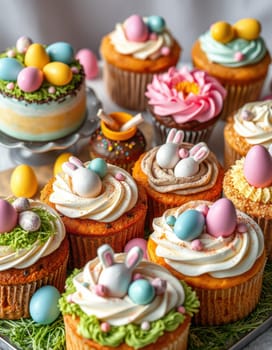 Various delightful cupcakes adorned with pastel-colored eggs and charming rabbit decorations are displayed beautifully on a platter during an Easter gathering.