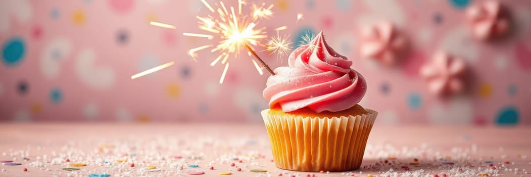 A decorated cupcake topped with pink frosting and a burning sparkler is placed against a vibrant background filled with playful patterns. It creates a celebratory atmosphere.