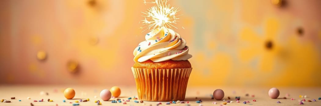 A creamy frosted cupcake sits elegantly on a table, crowned with a sparkling candle. Colorful sprinkles surround the treat, enhancing the celebratory atmosphere.