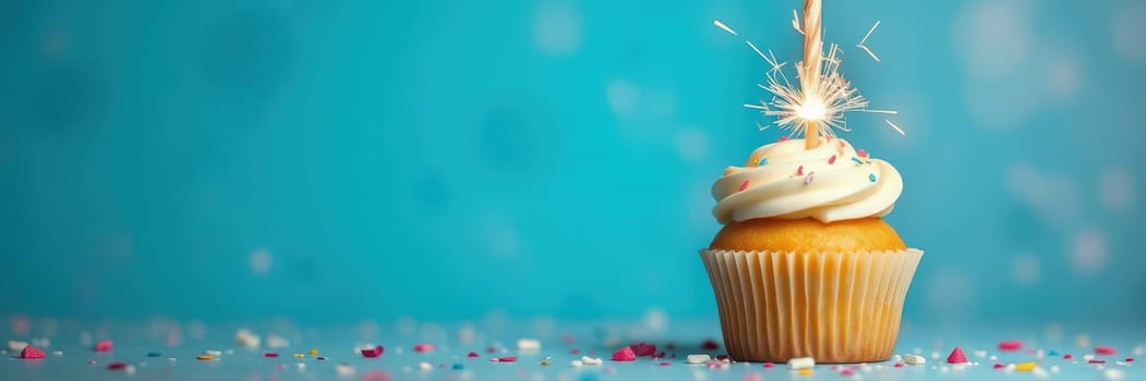 A delicious cupcake adorned with creamy frosting and colorful sprinkles stands proudly with a sparkler, creating a joyful atmosphere for a celebration.