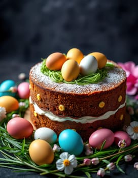 A beautifully designed Easter cake sits on a table surrounded by vibrant colored eggs and delicate flowers. The cake features a creamy layer and festive green decorations.