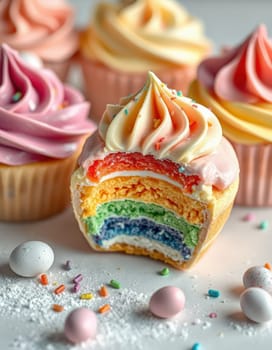 A selection of colorful cupcakes features vibrant frosting in various shades topped with playful sprinkles.