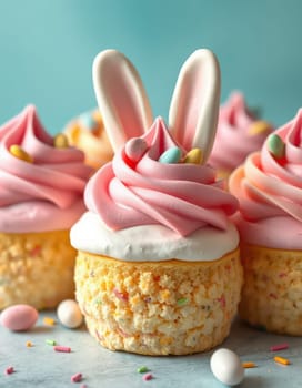 Delicious pastel-colored cupcakes with pink frosting topped with marshmallow bunny ears and colorful candy eggs, perfect for spring festivities and celebrations.