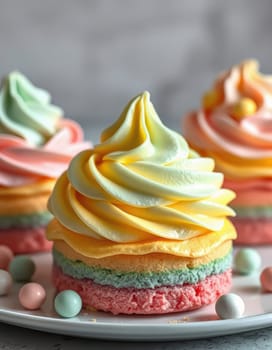 These delightful meringue cupcakes showcase vibrant pastel swirls of yellow, pink, and green atop a colorful base. They are presented on a white plate, surrounded by small candy pieces.