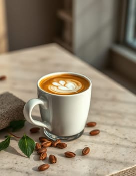 A warm cup of coffee sits on a marble table surrounded by spilled coffee beans and fresh green leaves. Natural light illuminates the latte art beautifully.
