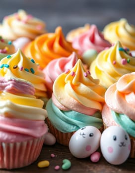 Brightly colored cupcakes with swirled frosting in shades of pink, orange, yellow, and green are carefully arranged alongside decorative easter eggs, creating a cheerful festive display.