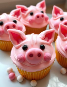 These delightful cupcakes are topped with pink frosting and decorated to resemble cute pigs, perfect for celebrations, birthdays, or themed parties.