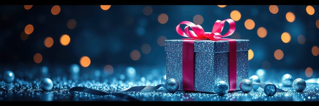 A beautifully wrapped gift box sits on a surface scattered with decorative ornaments. Soft, warm lights create a festive atmosphere, enhancing the holiday spirit.