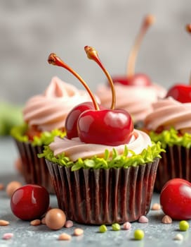 Baking enthusiasts will appreciate these beautifully decorated cupcakes featuring fluffy frosting and bright cherries. Vibrant colors create a tempting display perfect for any dessert table.