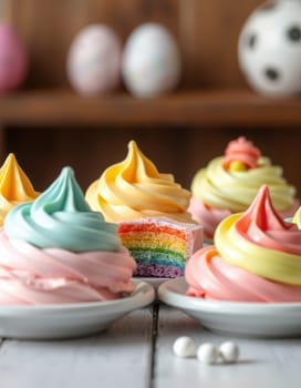 Delicious meringue desserts in various pastel colors sit on white plates, showcasing vibrant rainbow layers inside. The kitchen has a warm, inviting atmosphere.