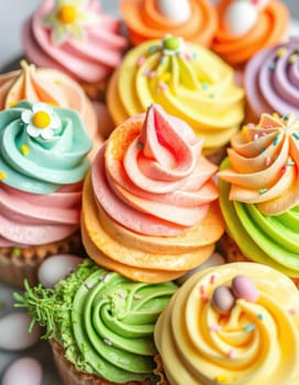 Brightly colored cupcakes feature intricate swirls of frosting and playful toppings. This dessert display showcases a vibrant selection perfect for a spring celebration or gathering.