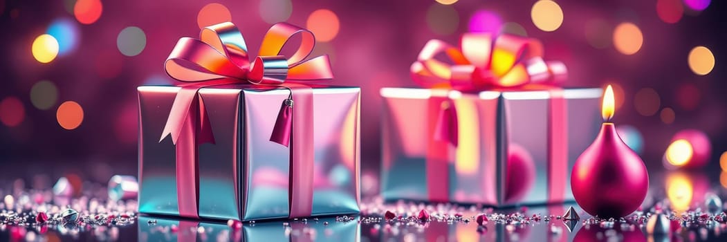 Two beautifully wrapped gift boxes adorned with bright ribbons sit beside a glowing candle, set against a backdrop of vibrant fairy lights, creating a joyful holiday atmosphere.