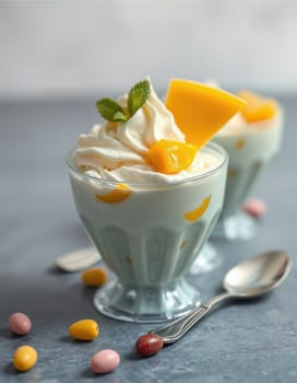 Two glass bowls feature a creamy dessert topped with mango slices and whipped cream, garnished with mint leaves. Colorful candies are scattered nearby.
