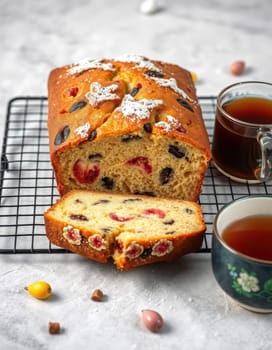 Freshly baked fruit bread sits on a cooling rack, sliced to reveal colorful dried fruits inside, accompanied by cups of steaming tea. The setting is warm and inviting.