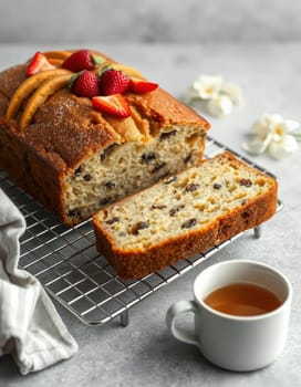Freshly baked banana bread featuring a golden crust and topped with strawberries sits on a cooling rack beside a steaming cup of tea in a bright kitchen.
