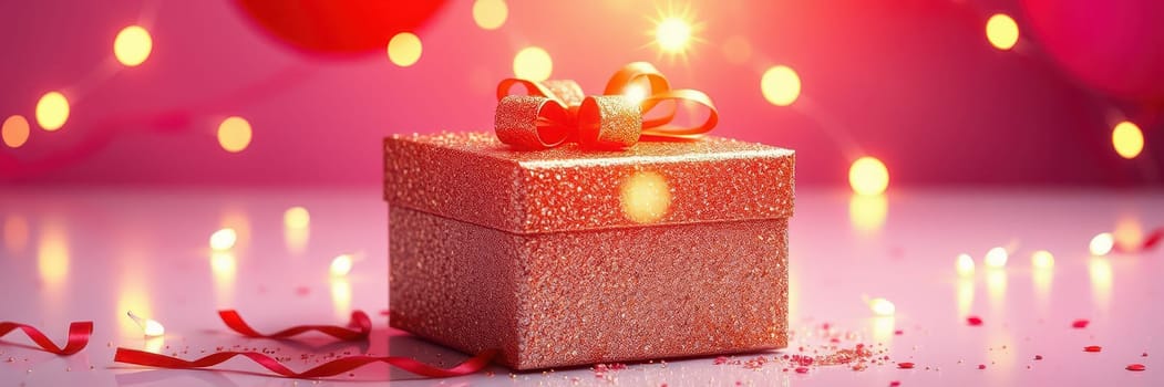 A sparkling gift box adorned with a shiny ribbon rests on a surface, illuminated by soft, colorful lights. The atmosphere is warm and festive, perfect for a celebration.