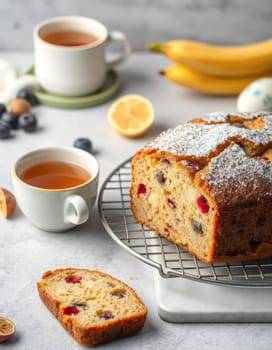 A freshly baked loaf with berries and nuts is displayed on a cooling rack. Nearby, a cup of tea and sliced bananas add to the inviting atmosphere of a bright kitchen.