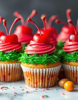 Brightly decorated cupcakes featuring green frosting and vibrant red cherries sit on a table, adding a cheerful touch to a festive gathering. The treats invite indulgence.