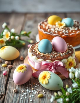 Festive Easter cakes adorned with pastel-colored eggs and flowers are arranged on a wooden table, surrounded by fresh blooms and decorative candies, creating a joyful atmosphere.
