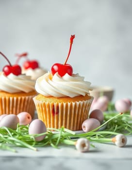 Colorful cupcakes adorned with whipped cream and cherries sit on a soft grey surface, accompanied by pastel candy accents and fresh green grass-like decor, creating a festive atmosphere.