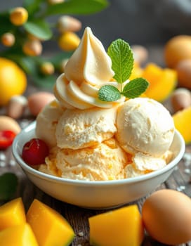 A bowl of mango ice cream showcases creamy scoops topped with swirling whipped cream and a fresh mint leaf. Surrounding the bowl are ripe mango pieces and assorted nuts, creating a vibrant display.