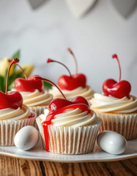 A plate holds several beautifully decorated cupcakes, each topped with creamy frosting and a bright cherry. The inviting kitchen background enhances the dessert's appeal.