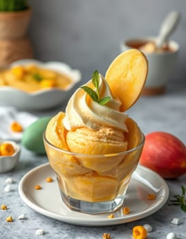 A smooth serving of mango ice cream is topped with cream and a mint leaf in a glass dish.