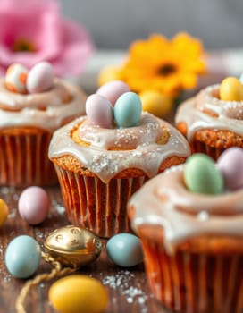 Delightful Easter cupcakes feature rich frosting topped with pastel candy eggs, surrounded by vibrant flowers and scattered chocolate eggs, creating a festive spring atmosphere.
