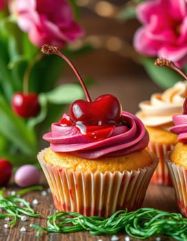 Colorful cupcakes are decorated with rich frosting and topped with bright cherries, surrounded by fresh flowers, creating a festive atmosphere perfect for any celebration.