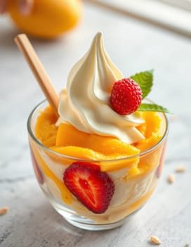 A delicious serving of mango sorbet sits in a glass, topped with creamy whipped topping, fresh strawberries, and a mint leaf. Bright colors and a sunny ambiance enhance the treat.