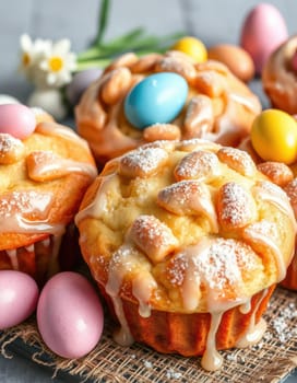 Freshly baked muffins topped with creamy icing and adorned with colorful pastel eggs create a cheerful springtime dessert. Perfect for celebrations or brunch gatherings.