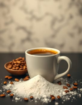 A white cup filled with steaming coffee sits on a dark table, surrounded by roasted coffee beans and a mound of sugar, creating a warm and inviting atmosphere.