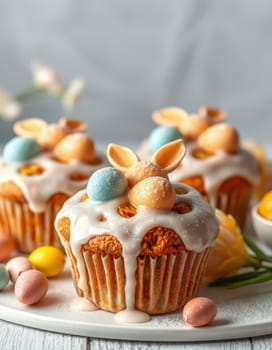 Cupcakes topped with white icing and adorned with pastel-colored candies and bunny-shaped decorations are displayed on a plate. Bright flowers are in the background, creating a cheerful atmosphere.