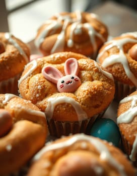Cupcakes with bunny decorations sit on a platter in a cozy bakery. They feature icing drizzles and colorful embellishments, capturing a cheerful spring atmosphere.