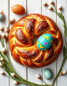 A beautifully baked round Easter bread is adorned with a painted egg in the center, surrounded by pastel eggs and decorative flowers on a wooden surface.