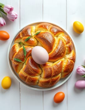 A round loaf of decorated Easter bread sits elegantly on a white plate. An egg is placed in the center, surrounded by colorful eggs and fresh tulips, creating a festive atmosphere.