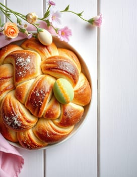 Sweet bread, shaped in a braided design, sits on a plate with a pastel egg on top. Surrounding it are delicate flowers, creating a festive atmosphere for Easter.