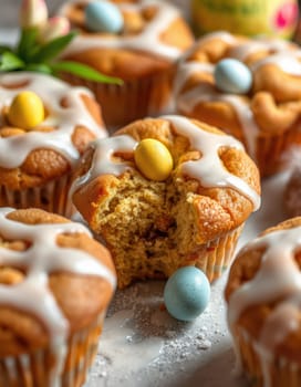 Freshly baked muffins with golden tops display a drizzle of white icing and colorful candy decorations. These festive treats are perfect for Easter celebrations or gatherings.
