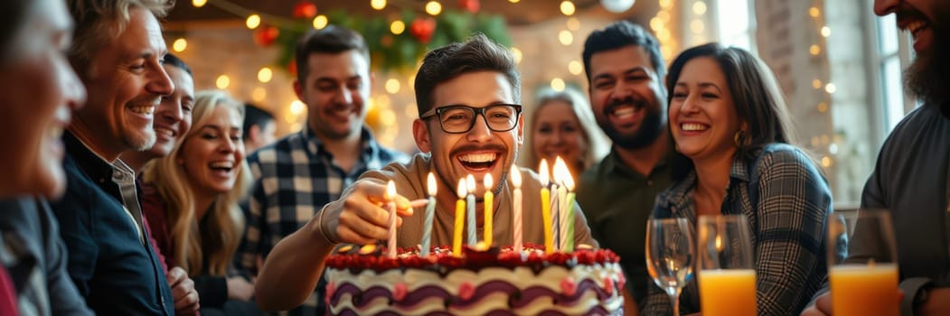 Friends and family gather around a birthday cake, sharing laughter and smiles as candles are lit. The warm atmosphere is filled with joy and celebration.