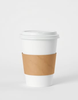 A white disposable coffee cup is placed on a plain surface, featuring a kraft paper sleeve. The setting suggests a calm morning moment, ideal for enjoying a warm beverage.