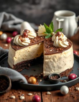 A rich chocolate cake features a creamy topping with elegant swirls, fresh mint leaves, and decorative sweets, presented on a rustic table with soft lighting.