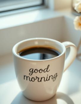 A cup of coffee sits on a windowsill, reflecting warm sunlight. The mug is labeled with a cheerful message, creating a cozy atmosphere perfect for a morning ritual.