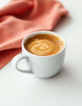 A white cup filled with creamy latte showcases beautiful swirls of latte art. A soft peach-colored cloth sits beside it, creating a cozy atmosphere.