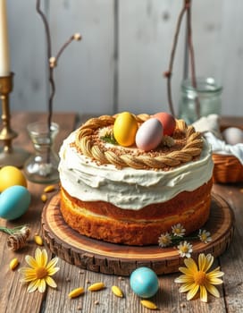 A vibrant Easter cake rests on a wooden platter, adorned with colorful eggs and daisies. Candles and seasonal decorations create a festive atmosphere.