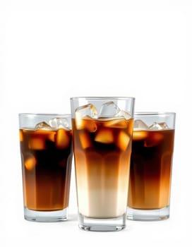 Three tall glasses filled with iced coffee showcase a delightful contrast of dark and light colors. The drinks are chilled with ice cubes, ideal for a warm day.