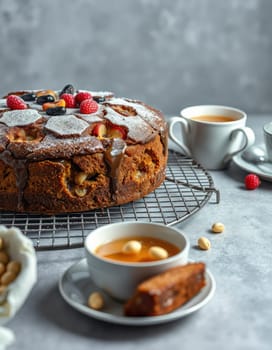 A freshly baked cake adorned with fruit and a dusting of powdered sugar sits on a cooling rack. Nearby, coffee cups and bowls of snacks create an inviting atmosphere.