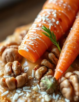 This dessert showcases two glazed carrots topped with coconut shavings and surrounded by nuts, elegantly arranged on a rustic wooden plate, highlighting a creative culinary presentation.